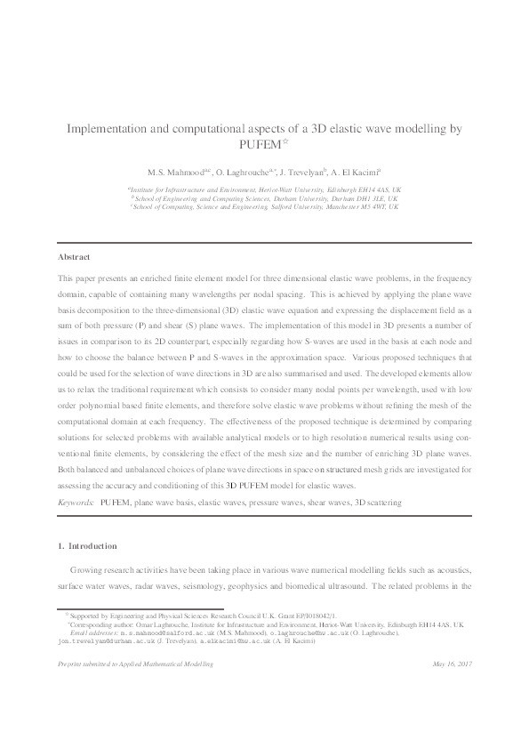 Implementation and computational aspects of a 3D elastic wave modelling by PUFEM Thumbnail