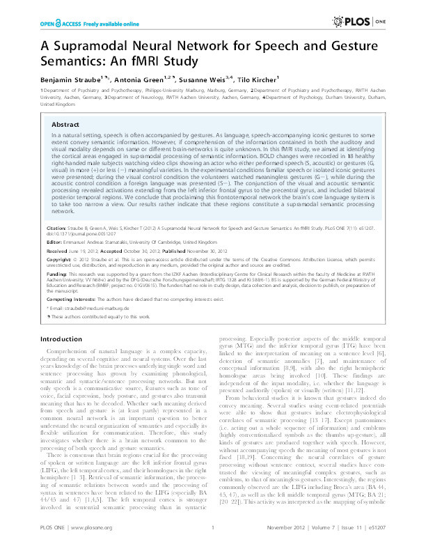 A Supramodal Neural Network for Speech and Gesture Semantics: An fMRI Study Thumbnail