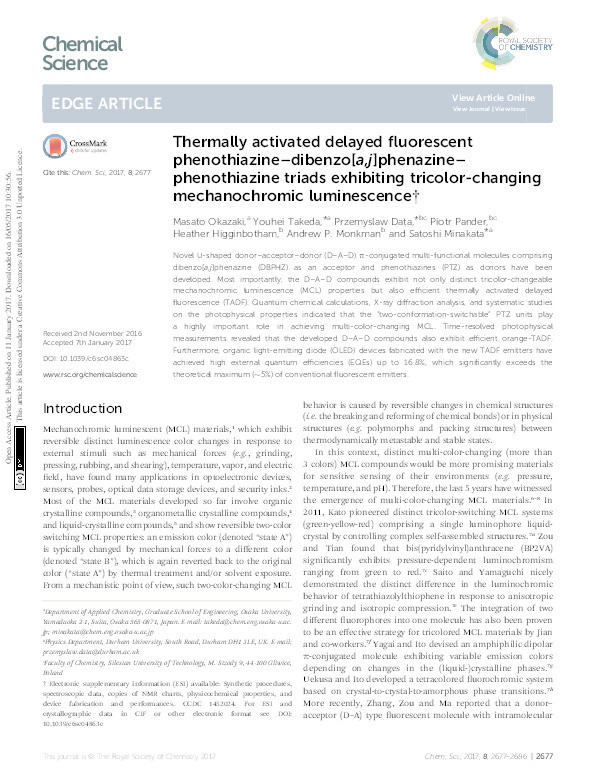 Thermally activated delayed fluorescent phenothiazine–dibenzo[a,j]phenazine–phenothiazine triads exhibiting tricolor-changing mechanochromic luminescence Thumbnail