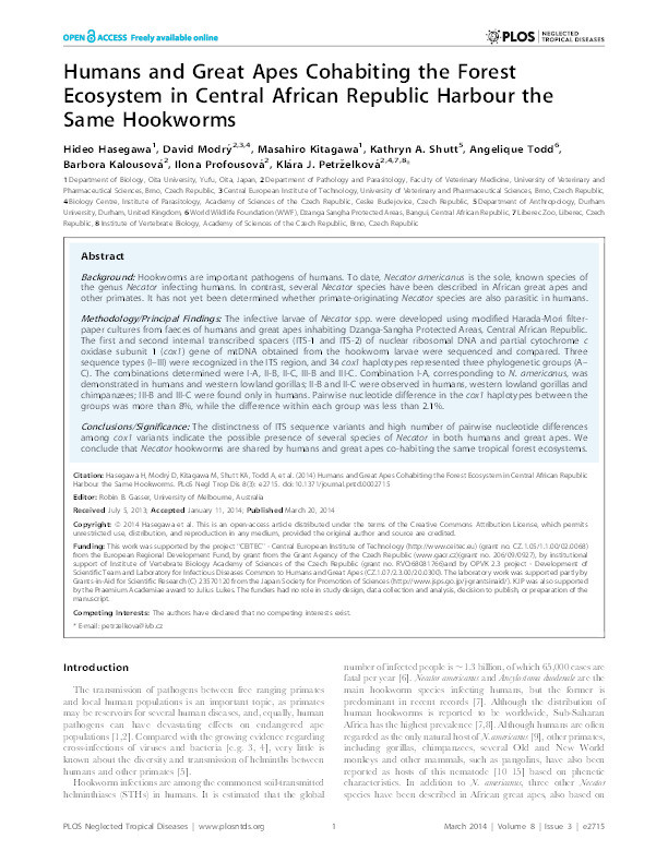 Humans and Great Apes Cohabiting the Forest Ecosystem in Central African Republic Harbour the Same Hookworms Thumbnail