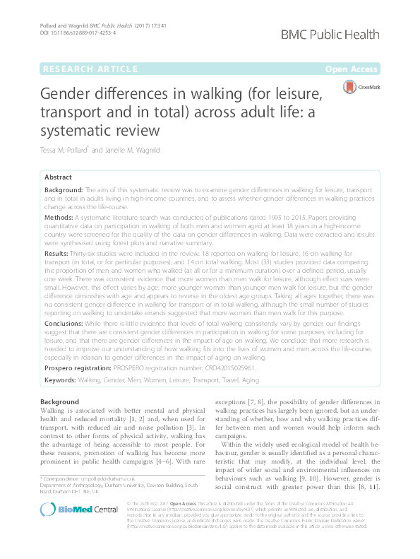 Gender differences in walking (for leisure, transport and in total) across adult life: a systematic review Thumbnail
