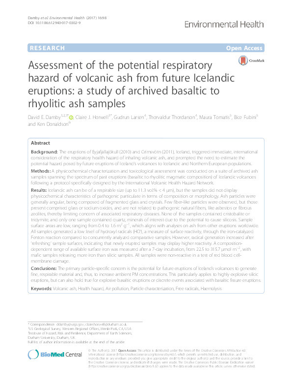 Assessment of the potential respiratory hazard of volcanic ash from future Icelandic eruptions: a study of archived basaltic to rhyolitic ash samples Thumbnail