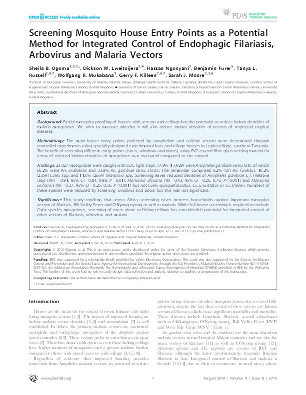 Screening Mosquito House Entry Points as a Potential Method for Integrated Control of Endophagic Filariasis, Arbovirus and Malaria Vectors Thumbnail