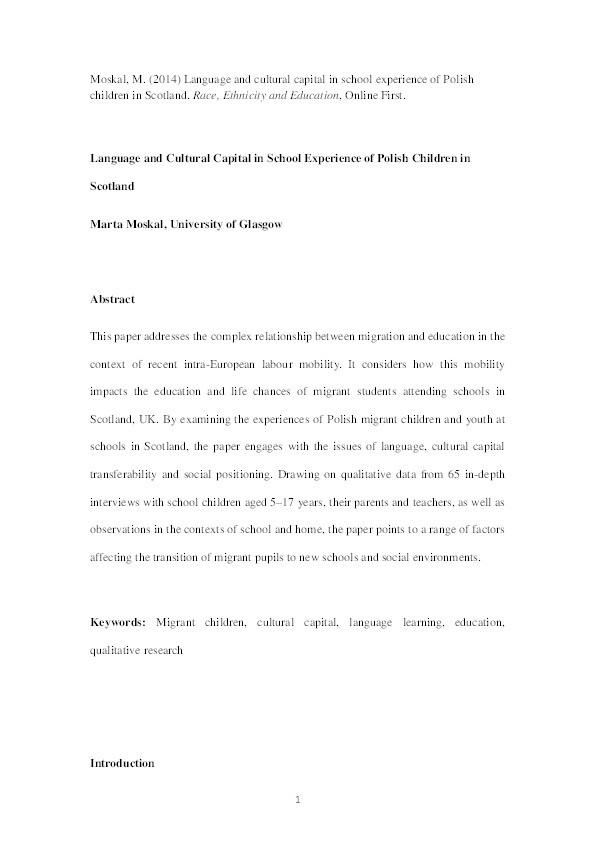 Language and cultural capital in school experience of Polish children in Scotland Thumbnail