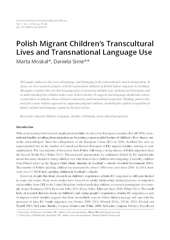 Polish migrant children's transcultural lives and transnational language use Thumbnail