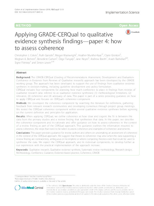 Applying GRADE-CERQual to qualitative evidence synthesis findings—paper 4: how to assess coherence Thumbnail