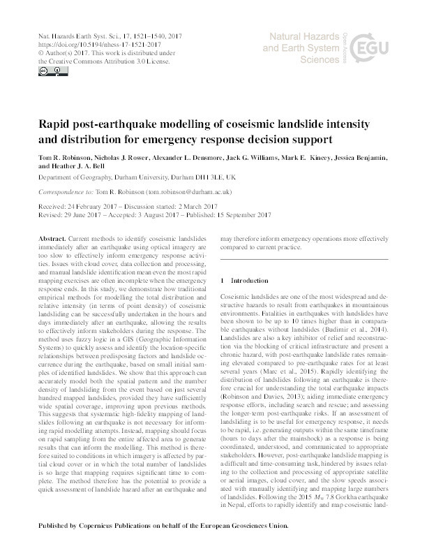 Rapid post-earthquake modelling of coseismic landslide magnitude and distribution for emergency response decision support Thumbnail