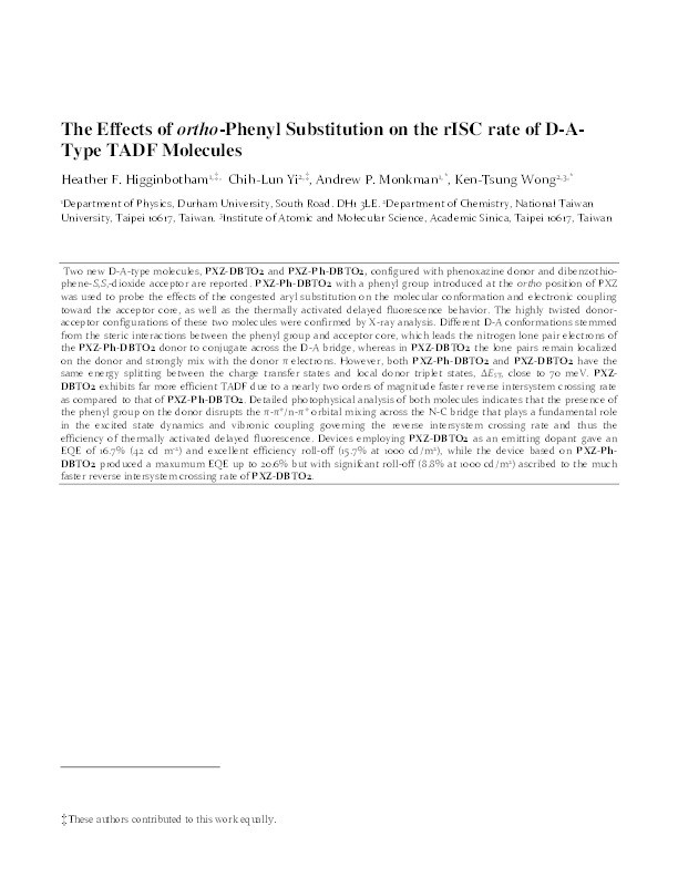 Effects of Ortho-Phenyl Substitution on the rISC Rate of D–A Type TADF Molecules Thumbnail