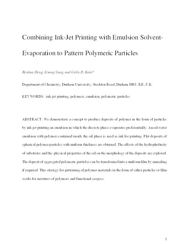 Combining Inkjet Printing with Emulsion Solvent Evaporation to Pattern Polymeric Particles Thumbnail