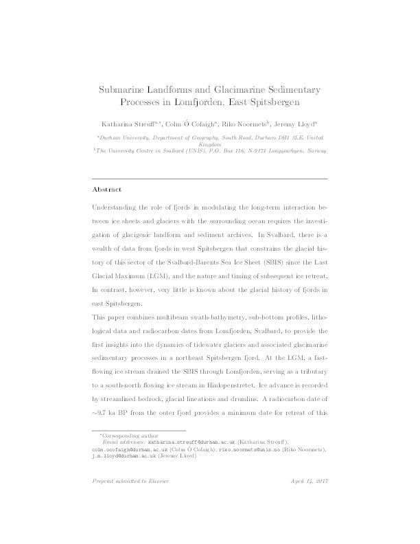 Submarine Landforms and Glacimarine Sedimentary Processes in Lomfjorden, East Spitsbergen Thumbnail