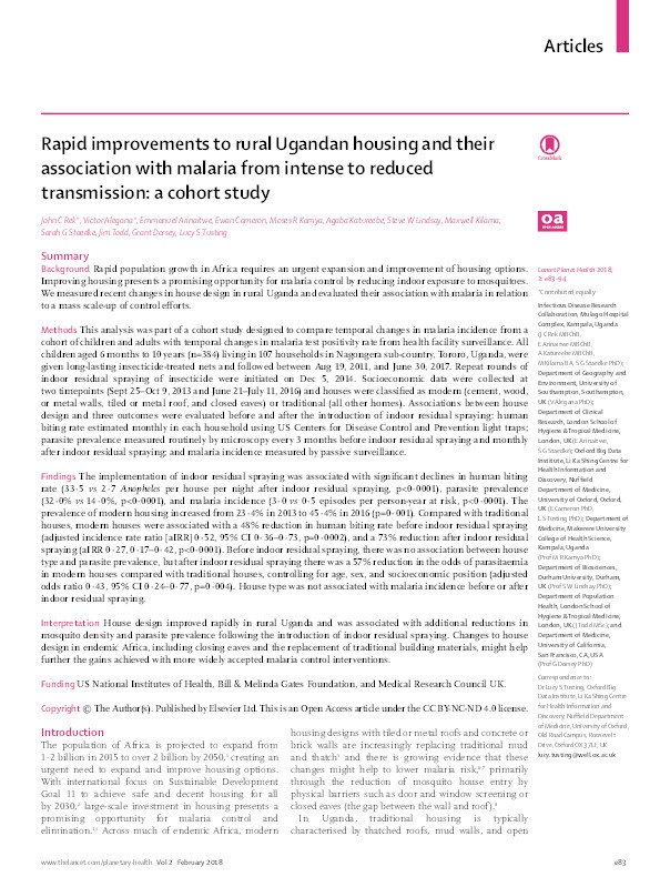 Rapid improvements to rural Ugandan housing and their association with malaria from intense to reduced transmission: a cohort study Thumbnail