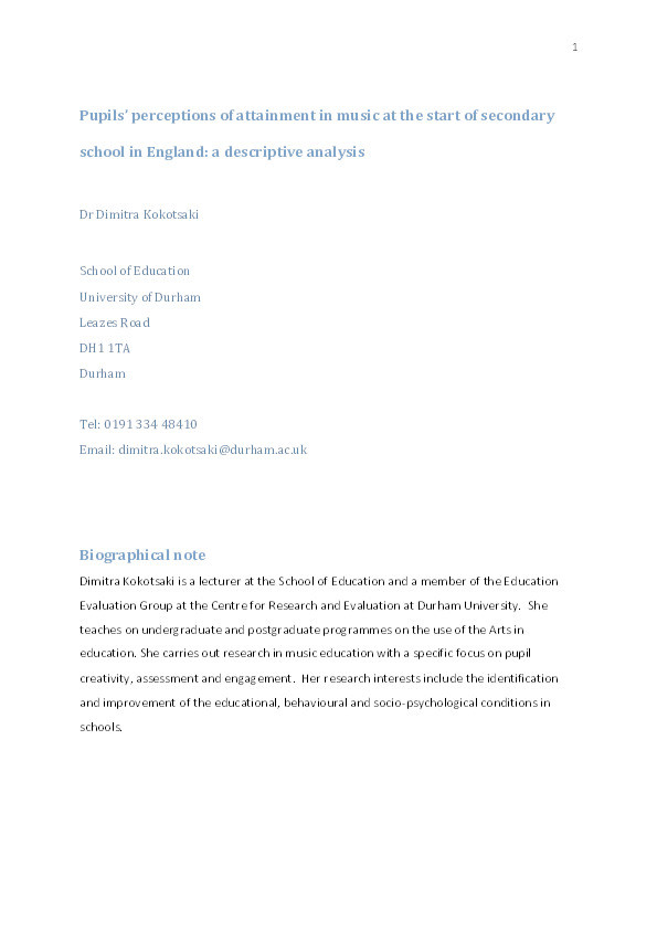 Pupils' perceptions of attainment in music at the start of secondary school in England: a descriptive analysis Thumbnail