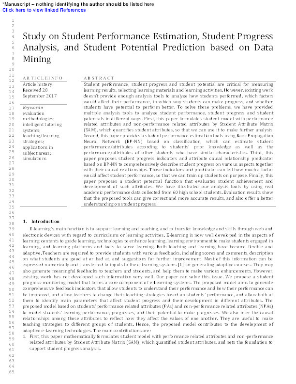 Study on student performance estimation, student progress analysis, and student potential prediction based on data mining Thumbnail