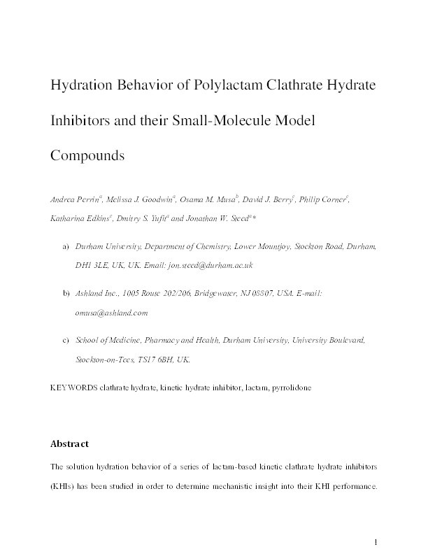 Hydration Behavior of Polylactam Clathrate Hydrate Inhibitors and Their Small-Molecule Model Compounds Thumbnail