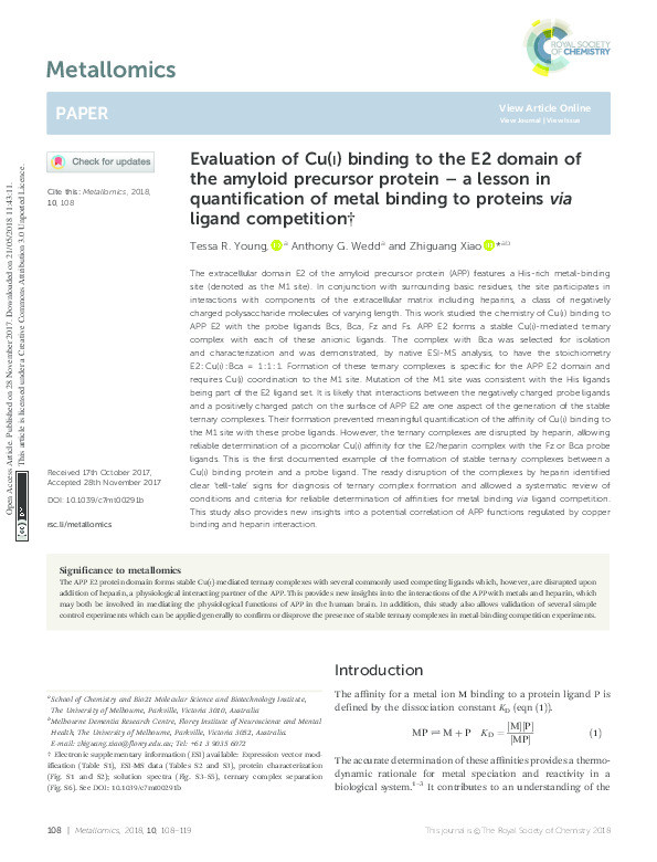 Evaluation of Cu(I) binding to the E2 domain of the amyloid precursor protein – a lesson in quantification of metal binding to proteins via ligand competition Thumbnail