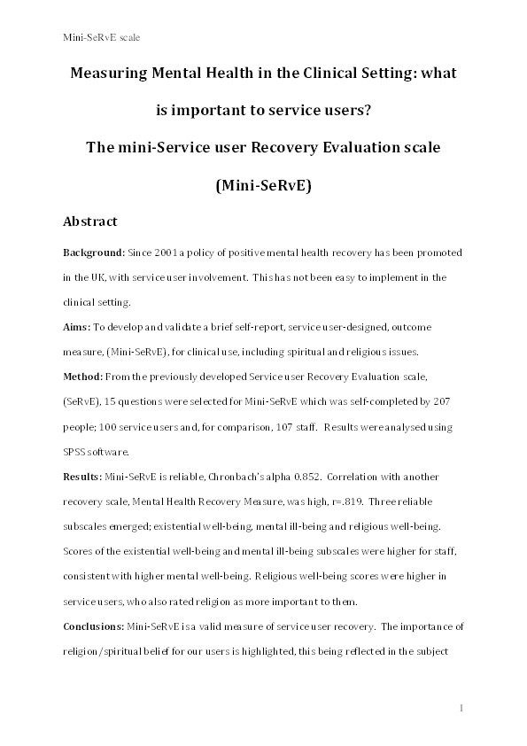 Measuring mental health in the clinical setting: what is important to service users? The Mini-Service user Recovery Evaluation Scale, (Mini-SeRvE) Thumbnail
