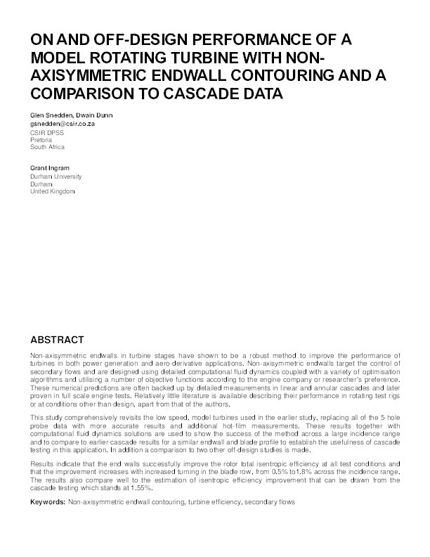 On- and off-design performance of a model rotating turbine with non-axisymmetric endwall contouring and a comparison to cascade data Thumbnail