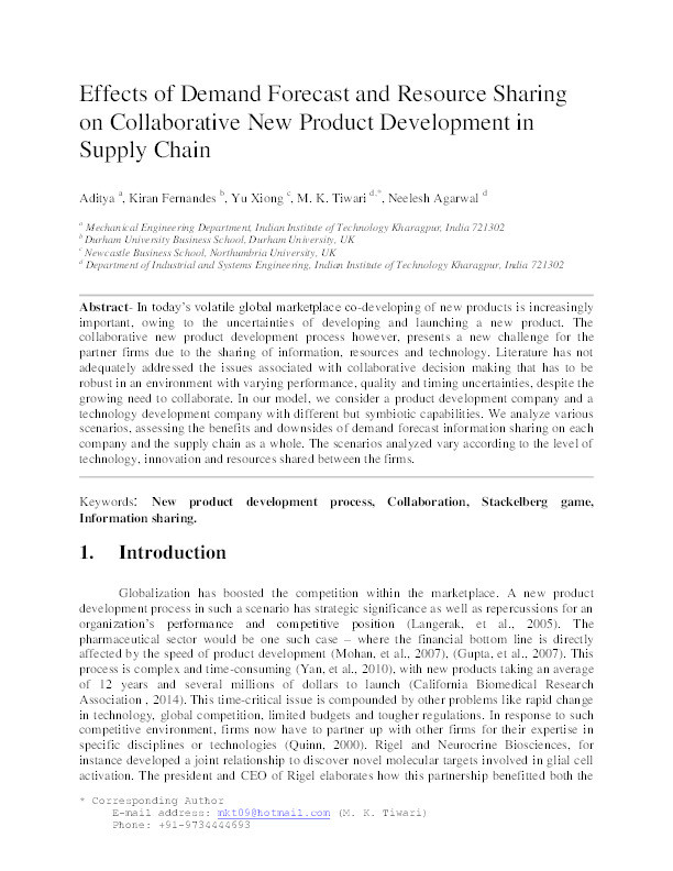 Effects of demand forecast and resource sharing on collaborative new product development in supply chain Thumbnail