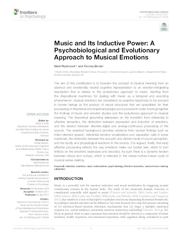 Music and Its Inductive Power: A Psychobiological and Evolutionary Approach to Musical Emotions Thumbnail