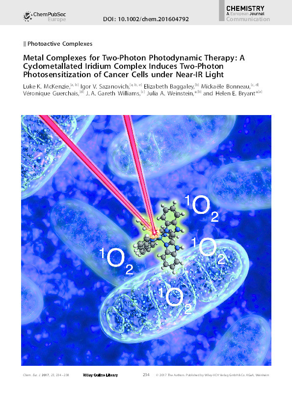 Metal Complexes for Two-Photon Photodynamic Therapy: A Cyclometallated Iridium Complex Induces Two-Photon Photosensitization of Cancer Cells under Near-IR Light Thumbnail