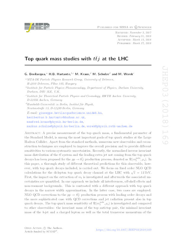Top quark mass studies with tt¯j at the LHC Thumbnail