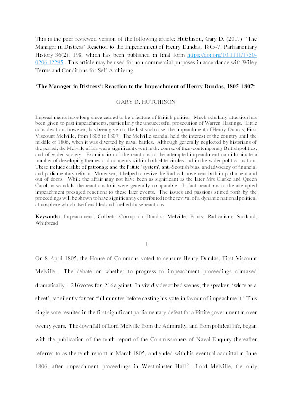 ‘The Manager in Distress’: Reaction to the Impeachment of Henry Dundas, 1805-7 Thumbnail