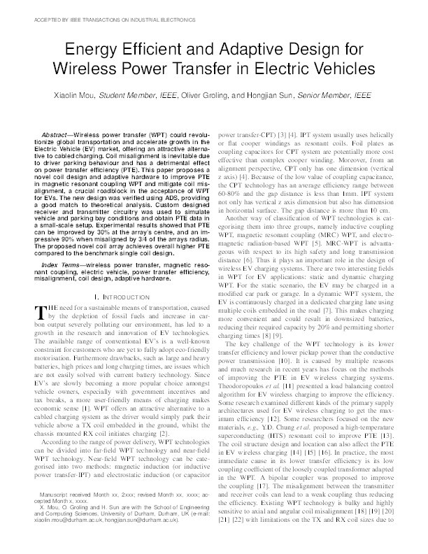 Energy Efficient and Adaptive Design for Wireless Power Transfer in Electric Vehicles Thumbnail