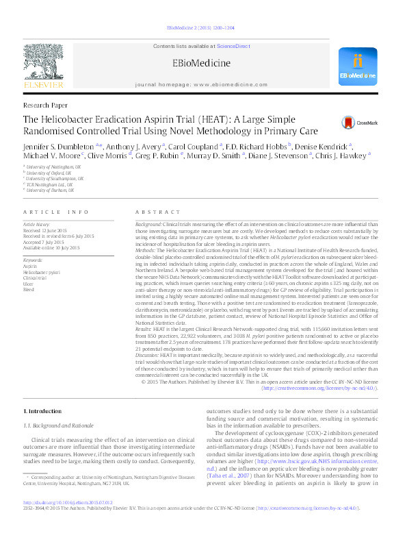 The Helicobacter Eradication Aspirin Trial (HEAT): A Large Simple Randomised Controlled Trial Using Novel Methodology in Primary Care Thumbnail