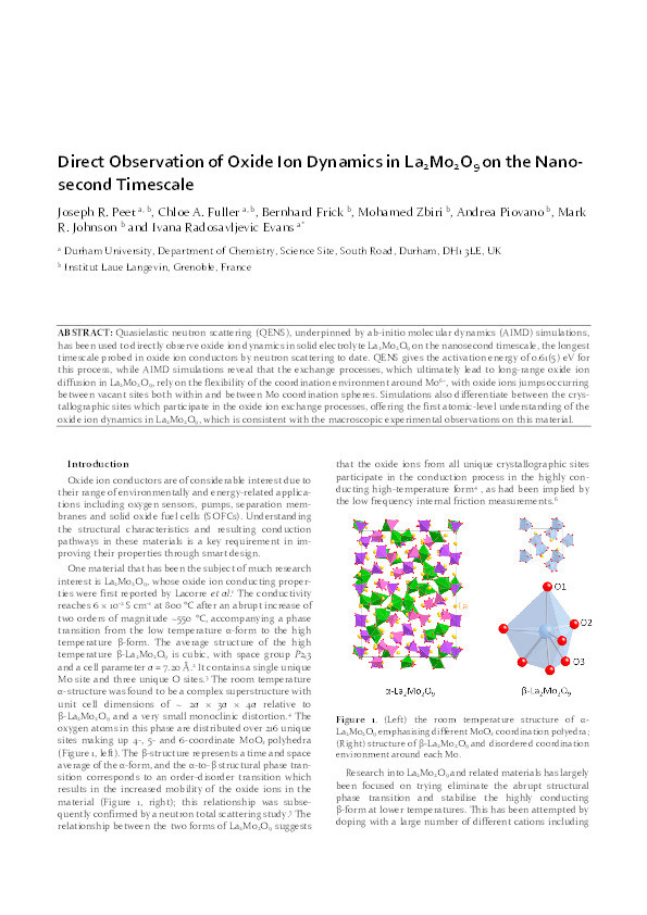 Direct Observation of Oxide Ion Dynamics in La2Mo2O9 on the Nanosecond Timescale Thumbnail