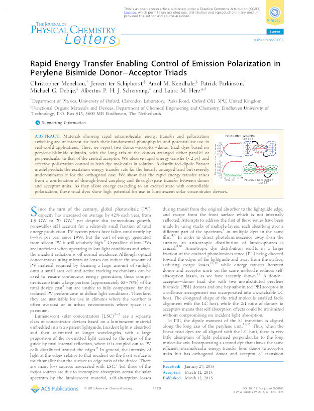 Rapid Energy Transfer Enabling Control of Emission Polarization in Perylene Bisimide Donor–Acceptor Triads Thumbnail