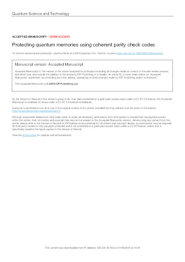Protecting quantum memories using coherent parity check codes Thumbnail