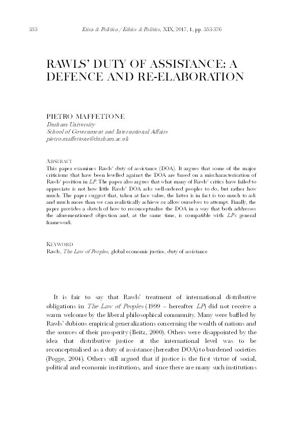 Rawls’ Duty of Assistance: A Defence and Re-Elaboration Thumbnail