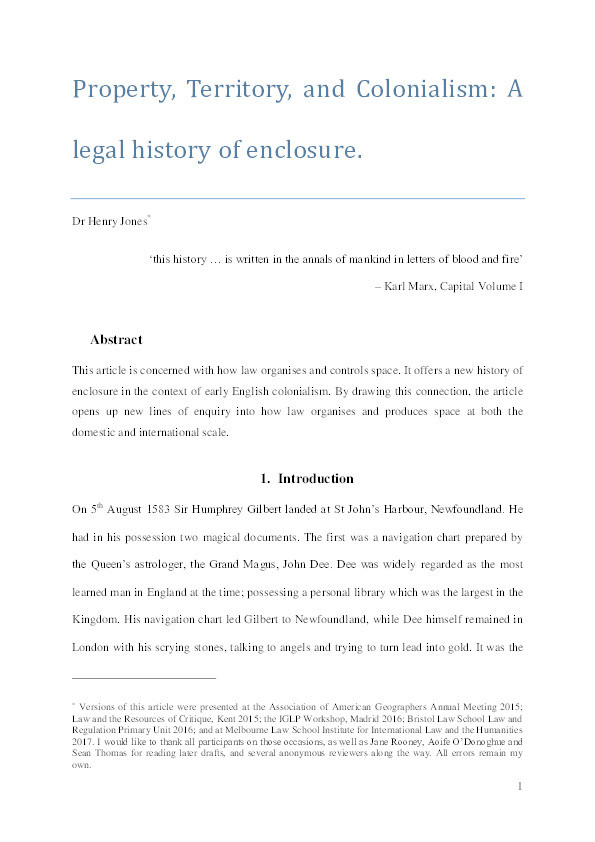 Property, territory, and colonialism: an international legal history of enclosure Thumbnail