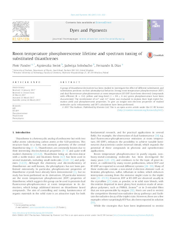 Room Temperature Phosphorescence Lifetime and Spectrum Tuning of Substituted Thianthrenes Thumbnail