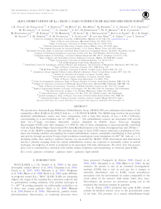 ALMA Observations of Lyα Blob 1: Halo Substructure Illuminated from Within Thumbnail