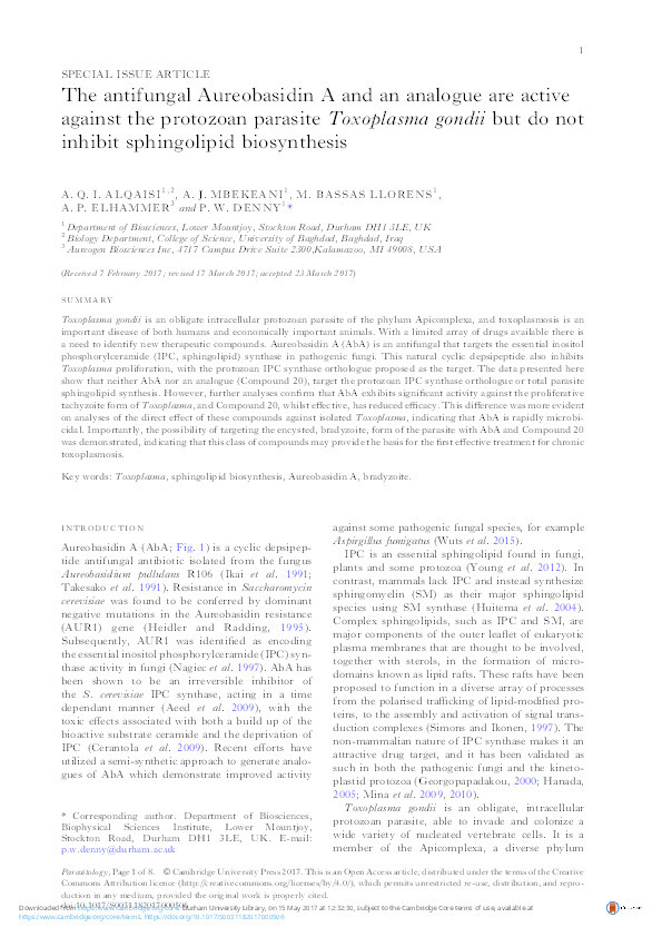 The antifungal Aureobasidin A and an analogue are active against the protozoan parasite Toxoplasma gondii but do not inhibit sphingolipid biosynthesis Thumbnail