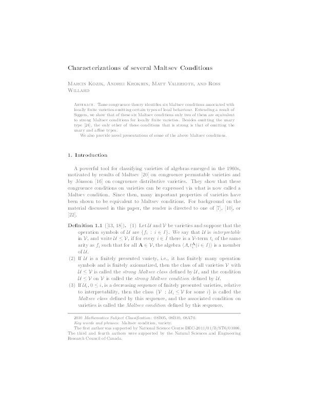 Characterizations of several Maltsev conditions Thumbnail