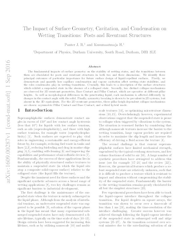 The impact of surface geometry, cavitation, and condensation on wetting transitions: posts and reentrant structures Thumbnail