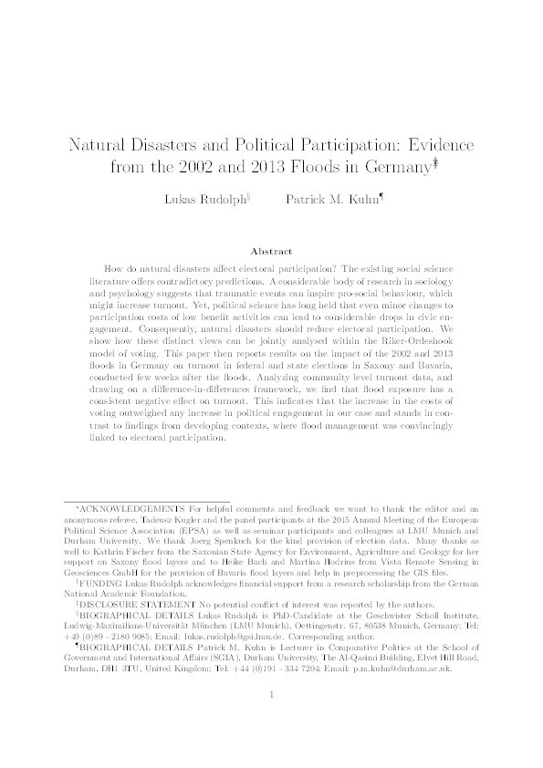 Natural Disasters and Political Participation: Evidence from the 2002 and 2013 Floods in Germany Thumbnail