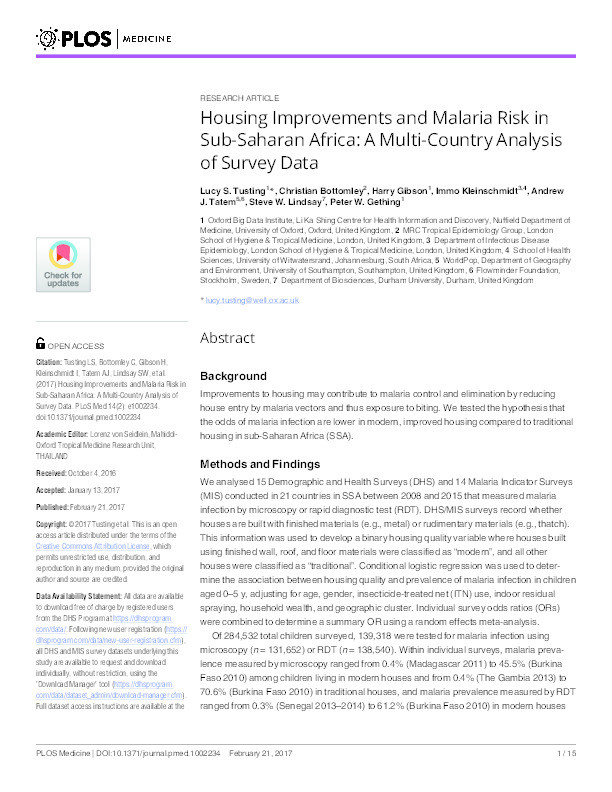 Housing Improvements and Malaria Risk in Sub-Saharan Africa: A Multi-Country Analysis of Survey Data Thumbnail