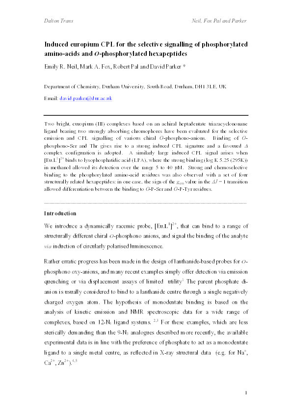 Induced europium CPL for the selective signalling of phosphorylated amino-acids and O-phosphorylated hexapeptides Thumbnail