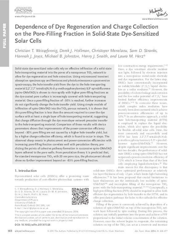 Dependence of Dye Regeneration and Charge Collection on the Pore-Filling Fraction in Solid-State Dye-Sensitized Solar Cells Thumbnail