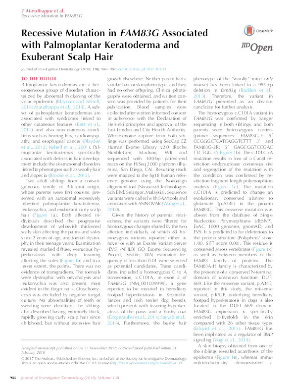 Recessive Mutation in FAM83G Associated with Palmoplantar Keratoderma and Exuberant Scalp Hair Thumbnail