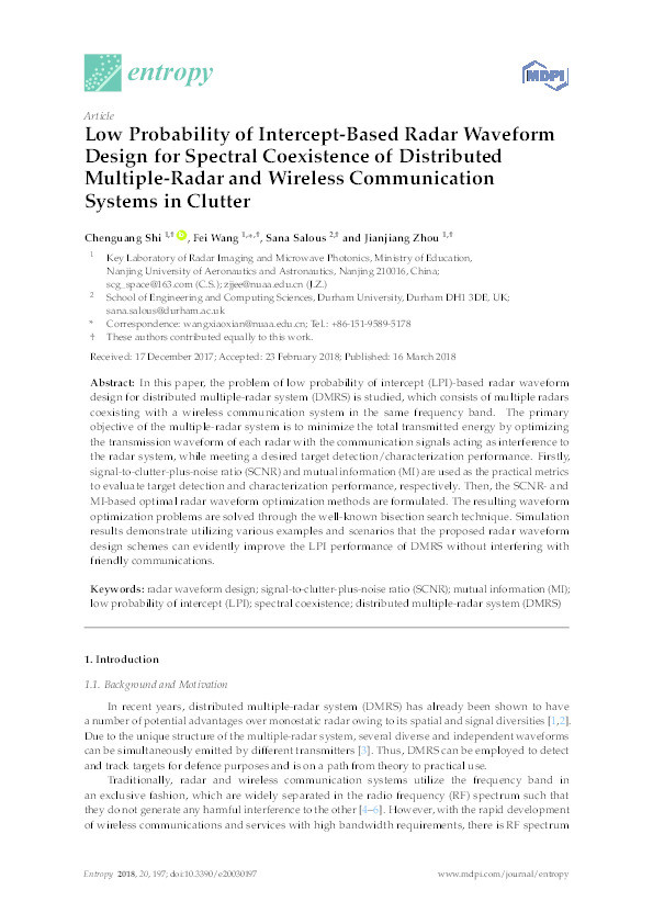 Low Probability of Intercept-Based Radar Waveform Design for Spectral Coexistence of Distributed Multiple-Radar and Wireless Communication Systems in Clutter Thumbnail