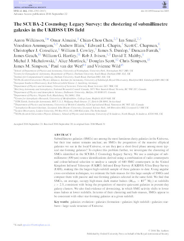 The SCUBA-2 Cosmology Legacy Survey: the clustering of submillimetre galaxies in the UKIDSS UDS field Thumbnail