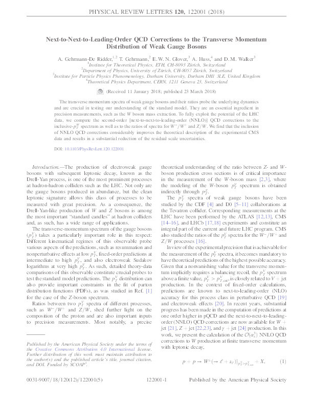 Next-to-Next-to-Leading-Order QCD Corrections to the Transverse Momentum Distribution of Weak Gauge Bosons Thumbnail