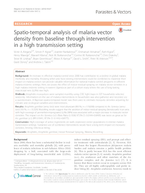 Spatio-temporal analysis of malaria vector density from baseline through intervention in a high transmission setting Thumbnail