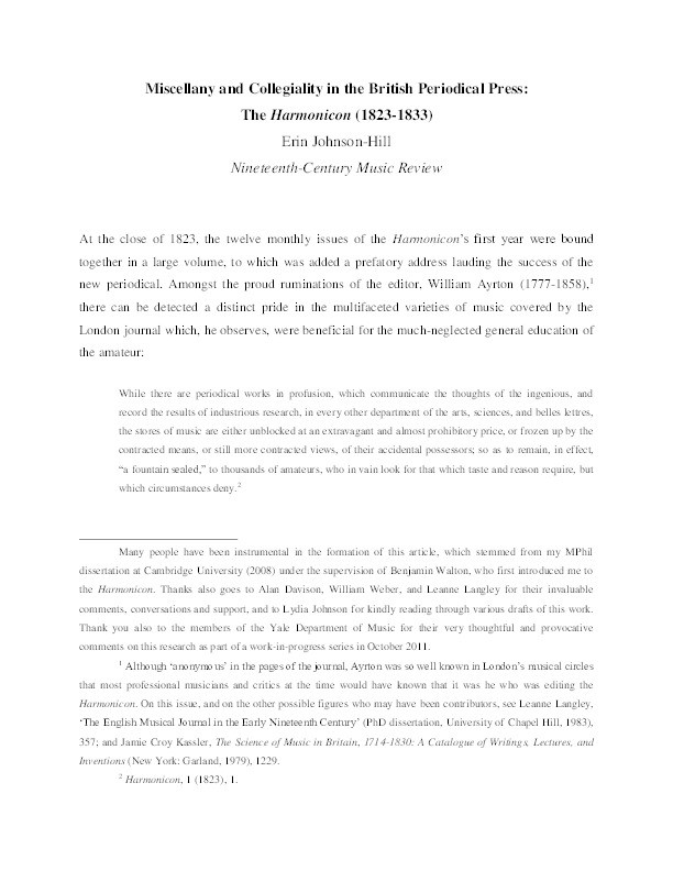 Miscellany and Collegiality in the British Periodical Press: The Harmonicon (1823–1833) Thumbnail