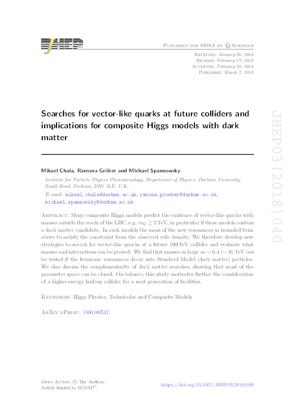 Searches for vector-like quarks at future colliders and implications for composite Higgs models with dark matter Thumbnail