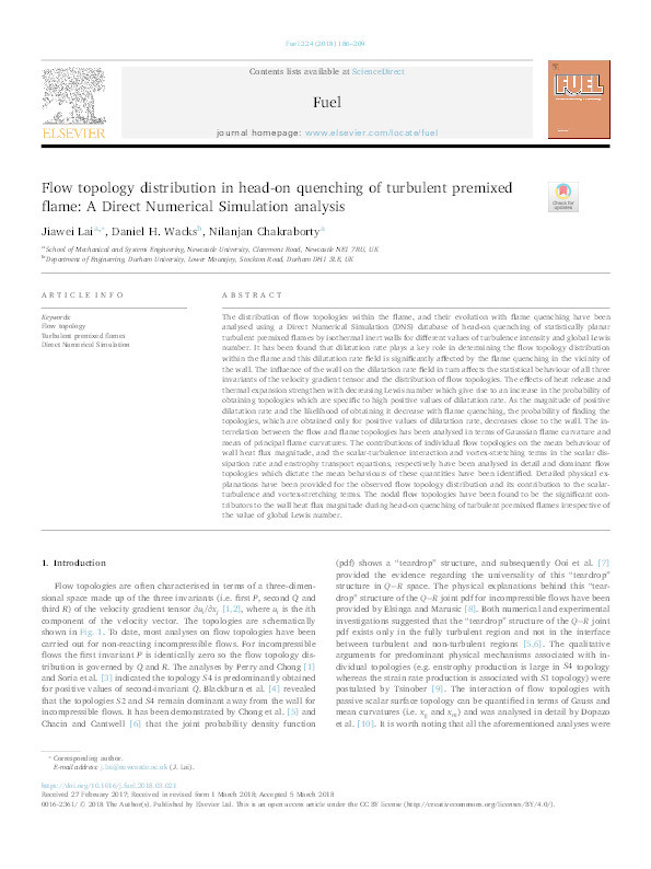 Flow topology distribution in head-on quenching of turbulent premixed flame: A Direct Numerical Simulation analysis Thumbnail